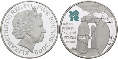 Великобритания 5 фунтов 2009 Елизавета II (1952-2022), XXX летние Олимпийские Игры. Празднование в Британии - Стоунхендж KM 1145, Spink LO38 серебро PROOF 01-173-33