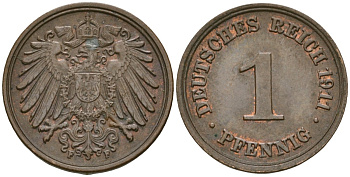 Германия 1 пфенниг 1911 F, Вильгельм II (1888-1918) KM 10, J. 10 медь 4608-615