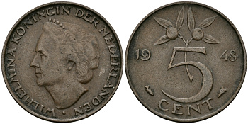 НИДЕРЛАНДЫ 5 ЦЕНТОВ 1948 ВИЛЬГЕЛЬМИНА KM 176 бронза 95-216