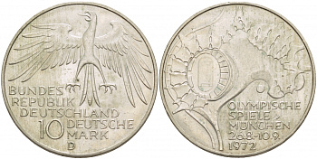 ФРГ 10 МАРОК 1972 D, ОЛИМПИАДА, СТАДИОН KM 133, J.404 серебро UNC 4545-1121