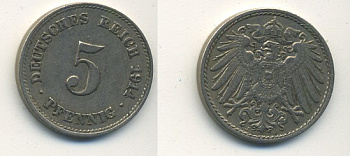 ГЕРМАНИЯ 5 ПФЕННИГОВ 1914 J, KM 11, J. 12 медно-никель 54-638