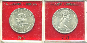Гибралтар 1 крона 1967 Елизавета II (1952-2022), старый замок, в оригинальной пластиковой коробке, первый год чекана KM 4 медно-никель UNC 6-6-1-18