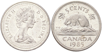 Канада 5 центов 1985 Елизавета II, бобер KM 60.2a медно-никель 4611-517