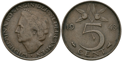 НИДЕРЛАНДЫ 5 ЦЕНТОВ 1948 ВИЛЬГЕЛЬМИНА KM 176 бронза 95-216