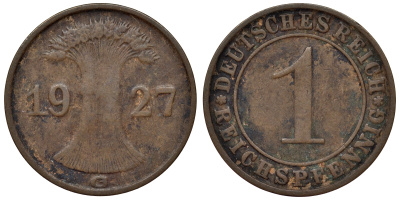 Германия 1 рейхспфенниг 1927 G KM 37, J. 313 бронза 4124-117