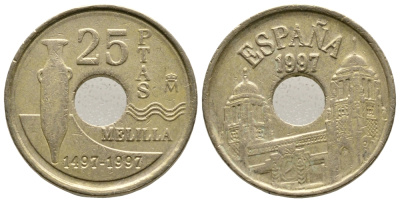 Испания 25 песет 1997 Мелилья (Melilla), Хуан Карлос I (1975-2014) KM 983 латунь 4609-366