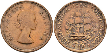 ЮАР 1 пенни 1955 Елизавета II (1952-) KM 46 бронза 4574-1213