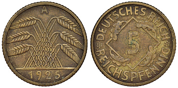Германия 5 рейхспфеннигов 1925 A KM 39, J. 316, Weege 7 алюминиевая бронза 4124-256