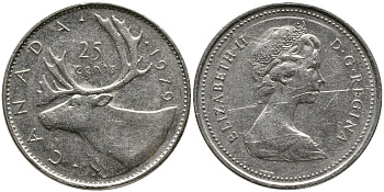 КАНАДА 25 ЦЕНТОВ 1979 ЕЛИЗАВЕТА II (1952-), ОЛЕНЬ, ВТОРОЙ ПОРТРЕТ В КОРОНЕ KM 74 никель 4543-742