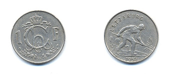 ЛЮКСЕМБУРГ 1 ФРАНК 1955 KM 46.2 медно-никель 4379-247