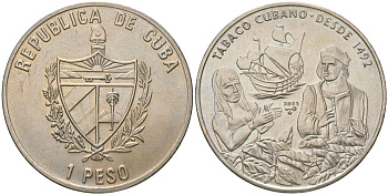 Куба 1 песо 2005 500 лет кубинскому табаку KM 924 сталь плакированная никелем UNC 1530-842