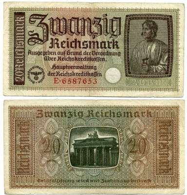 ГЕРМАНИЯ 20 РЕЙХСМАРОК 1940-1945 ДЛЯ ОККУПИРОВАННЫХ ТЕРРИТОРИЙ Pick R139 бумага 3295-65-1