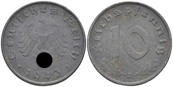 ГЕРМАНИЯ 10 РЕЙХСПФЕННИГОВ 1943 D KM 101, J. 371 цинк 4401-553