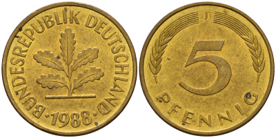 ФРГ 5 пфеннигов 1988 J J.382, KM 107 сталь плакированная латунью    4598-1058