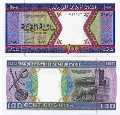 Мавритания 100 угуйя 2001 корова, мечеть Великой пятницы в Чингетти Pick 4j бумага UNC (пресс) 000-00-00