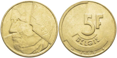 БЕЛЬГИЯ 5 ФРАНКОВ 1988 BELGIE, БОДУЭН I (1951-1993) KM 164 латунь или алюминиевая бронза 119-856
