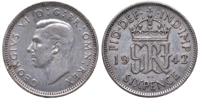Великобритания 6 пенсов 1942 Георг VI (1936-1952) KM 852, Spink 4084 серебро 4124-738