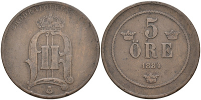 Швеция 5 эре 1884 Оскар II (1872-1907) король Швеции и Норвегии KM 736 бронза 4557-522