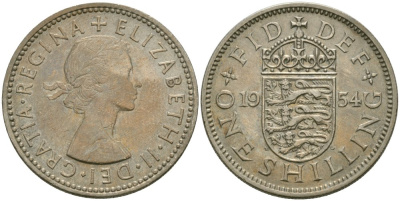 Великобритания 1 шиллинг 1954 Елизавета II (1952-2022), Английский герб KM 904, Spink 4147 медно-никель 4579-214