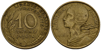 Франция 10 сантимов 1968 KM 929 алюминиевая бронза 4138-337