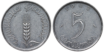 Франция 5 сантимов 1963 KM 927, Le Franc 124.5 хромированная сталь 4128-135