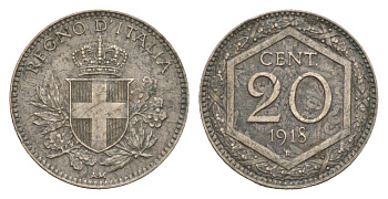 Италия 20 чентезимо 1918 R KM 58 медно-никель 4651-1057