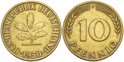 ФРГ 10 ПФЕННИГОВ 1950 F KM 108, J. 383 сталь плакированная латунью 4544-1125
