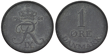 Дания 1 эре 1961 С; S, Фредерик IX (1947-1972) KM 839.2 цинк 71-219