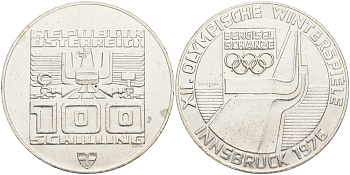 Австрия 100 шиллингов 1974 XII зимние Олимпийские игры в Инсбруке, лыжный трамплин KM 2929 серебро 4552-1024