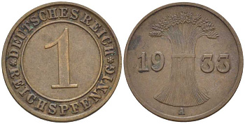 ГЕРМАНИЯ 1 РЕЙХСПФЕННИГ 1933 A KM 37, J. 313, Weege 2 бронза 211-124