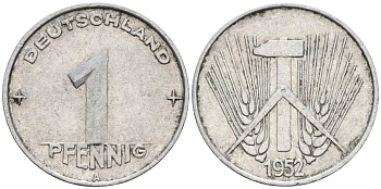 ГДР 1 пфеннииг 1952 A KM 5 алюминий 4596-541
