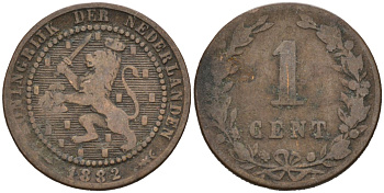 Нидерланды 1 цент 1882 Виллем III (1849-1890) KM 107 бронза 4576-564