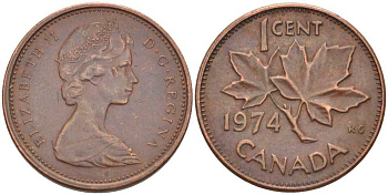 Канада 1 цент 1974 Елизавета II (1952-2022), кленовый лист KM 59.1 бронза 105-1168