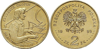 Польша 2 злотых 1999 MW, 150 лет со дня смерти Фредерика Шопена KM 365 нордик UNC 4521-616