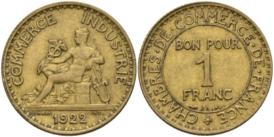 Франция 1 франк 1922 тип Chambres de Commerce KM 876, Le Franc 218.14 алюминиевая бронза 53-335