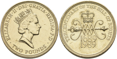 Великобритания 2 фунта 1989 Елизавета II (1952-2022), 300 лет "Биллю о правах" Англии KM 960, Spink 4312 (K2) никель латунь 88-344