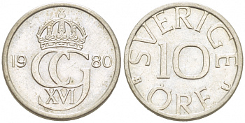 Швеция 10 эре 1980 Карл XVI Густав (1973- ) KM 850 медно-никель 3955-344