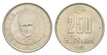 Турция 250000 лир 2002 Кемаль Ататюрк KM 1137 медь цинк никель 4648-1227