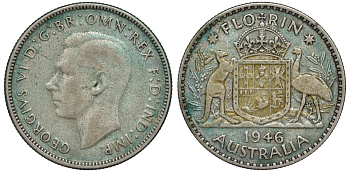 Австралия 1 флорин 1946 Георг VI (1936-1952), герб Австралии KM 40а серебро    91-1015