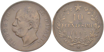 ИТАЛИЯ 10 ЧЕНТЕЗИМО 1893 BЛ, МОНДВОР БИРМИНГЕМ, УМБЕРТО I (1878-1900) KM 27.1 медь 4526-946