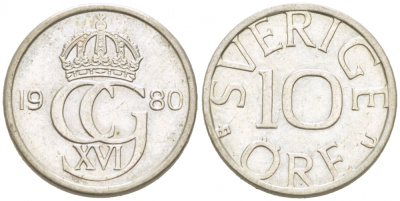 Швеция 10 эре 1980 Карл XVI Густав (1973- ) KM 850 медно-никель 3955-344