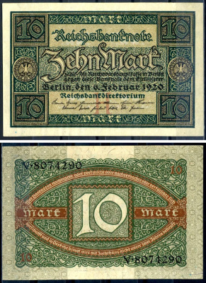 Германия 10 марок 1920 буква H, серия V, номер семизначный Pick 67a, Rosenberg 63а бумага UNC (пресс) 8617-16-2-2