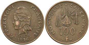 Французская Новая Каледония 100 франков 1996 хижина среди сосен и пальм, (IEOM) KM 15, Schoen 16, Lec 139 никель бронза 88-1126