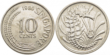СИНГАПУР 10 ЦЕНТОВ 1980 МОРСКОЙ КОНЕК KM 3 медно-никель 105-1268