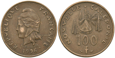 Французская Новая Каледония 100 франков 1996 хижина среди сосен и пальм, (IEOM) KM 15, Schoen 16, Lec 139 никель бронза 88-1126