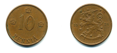 Финляндия 10 пенни 1924 республика (1918-1962) KM 24 медь 46-1232