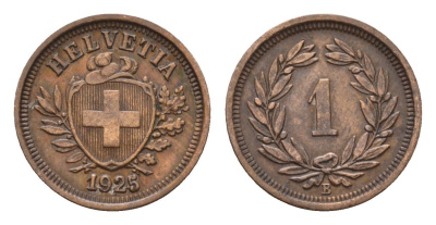 Швейцария 1 раппен 1925 B KM 3.2 бронза 46-2263
