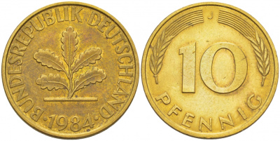 ФРГ 10 ПФЕННИГОВ 1984 J KM 108, J.383 сталь плакированная латунью 3718-831