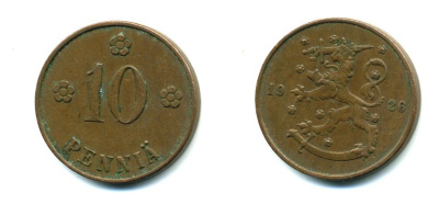 Финляндия 10 пенни 1926 республика (1918-1962) KM 24 медь 46-1514