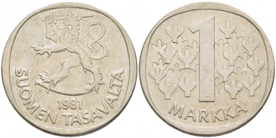 ФИНЛЯНДИЯ 1 МАРКА 1981 K KM 49а медно-никель UNC 3718-934